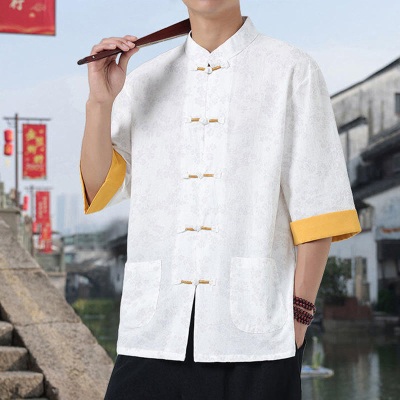 Camicia da uomo in cotone a maniche corte con tasche, colletto alto, motivo floreale con stampa retrò Buddha Stones, motivo a rana e bottoni