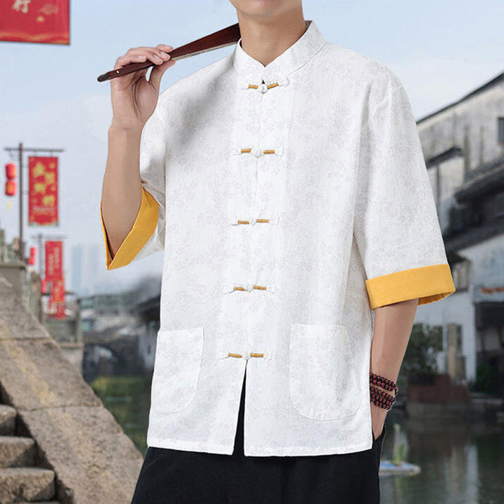 Camicia da uomo in cotone a maniche corte con tasche, colletto alto, motivo floreale con stampa retrò Buddha Stones, motivo a rana e bottoni