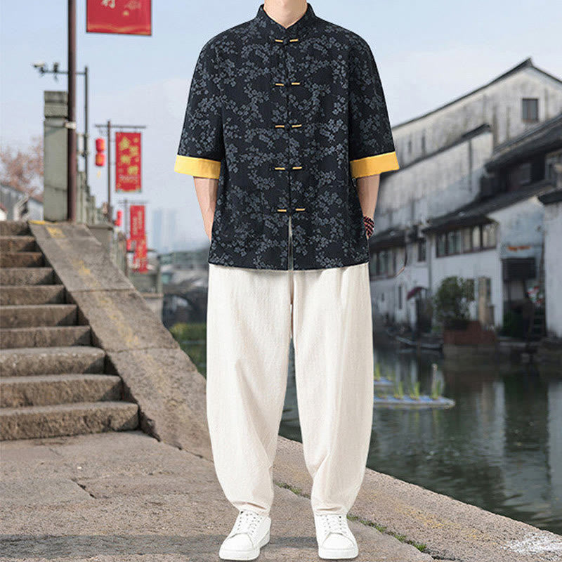 Camicia da uomo in cotone a maniche corte con tasche, colletto alto, motivo floreale con stampa retrò Buddha Stones, motivo a rana e bottoni
