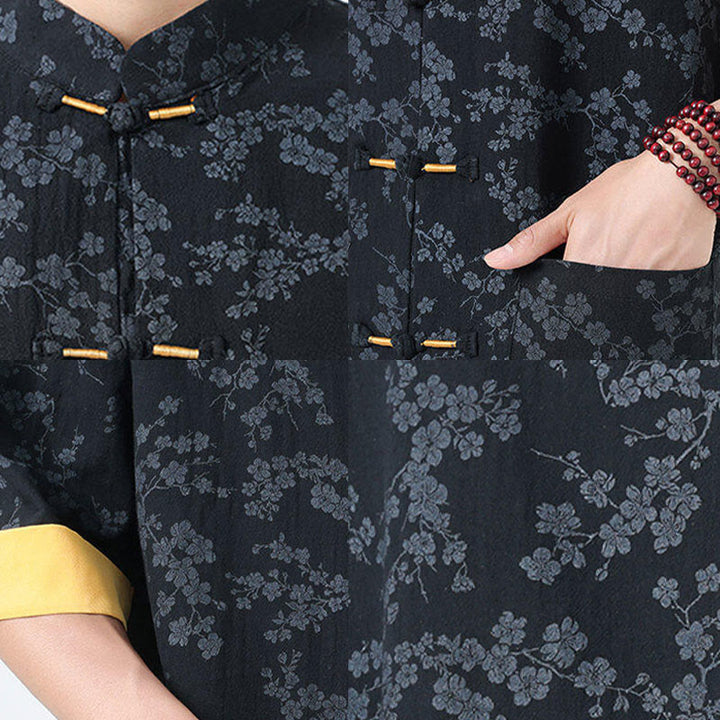 Camicia da uomo in cotone a maniche corte con tasche, colletto alto, motivo floreale con stampa retrò Buddha Stones, motivo a rana e bottoni
