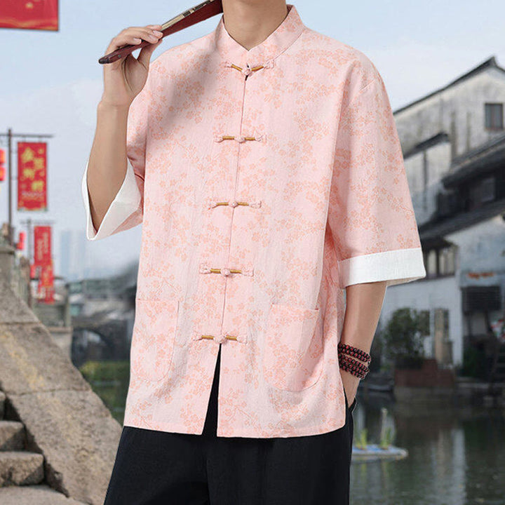 Camicia da uomo in cotone a maniche corte con tasche, colletto alto, motivo floreale con stampa retrò Buddha Stones, motivo a rana e bottoni