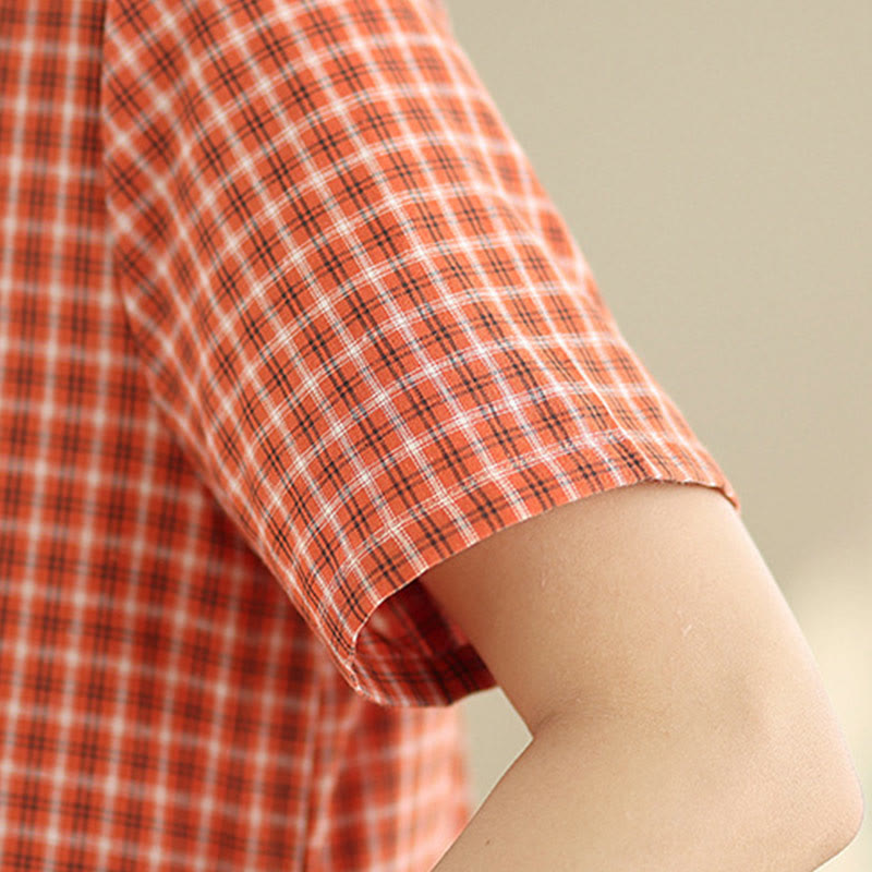 Abito midi a maniche corte in cotone e lino con tasche, modello a quadri Buddha Stones Commute, design semplice - image 8