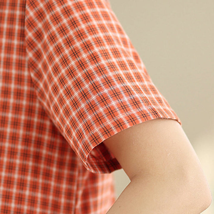 Abito midi a maniche corte in cotone e lino con tasche, modello a quadri Buddha Stones Commute, design semplice - image 8