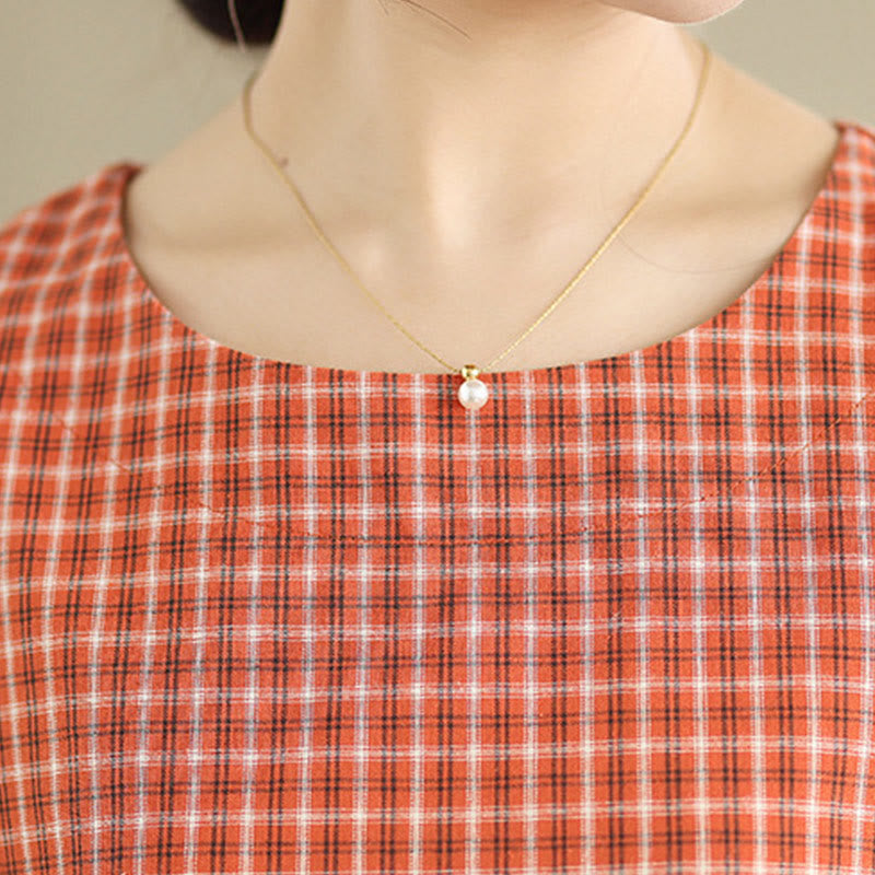 Abito midi a maniche corte in cotone e lino con tasche, modello a quadri Buddha Stones Commute, design semplice - image 7