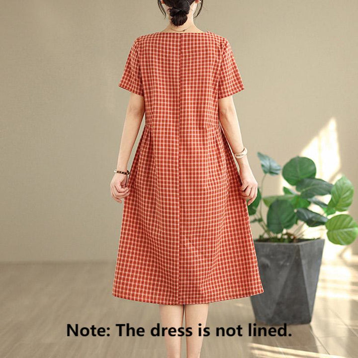 Abito midi a maniche corte in cotone e lino con tasche, modello a quadri Buddha Stones Commute, design semplice - image 1