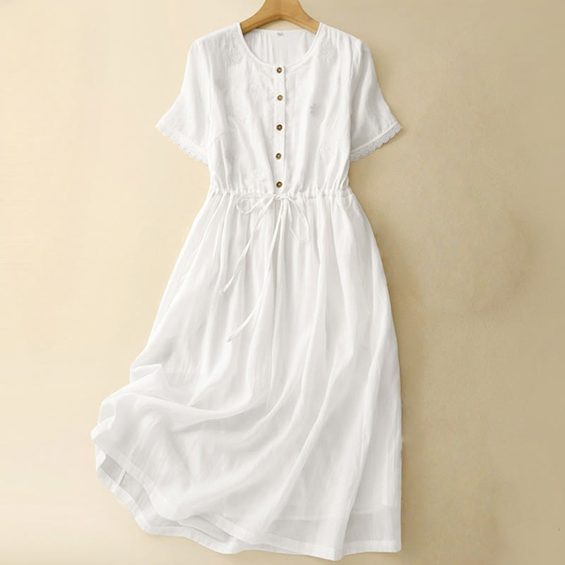 Abito midi in cotone e lino con volant, maniche corte, ricamo Buddha Stones Commute, bottoni plissettati, coulisse, design - Bianco - US8-10, UK/AU12-14, EU40-42 (2XL) - image 0