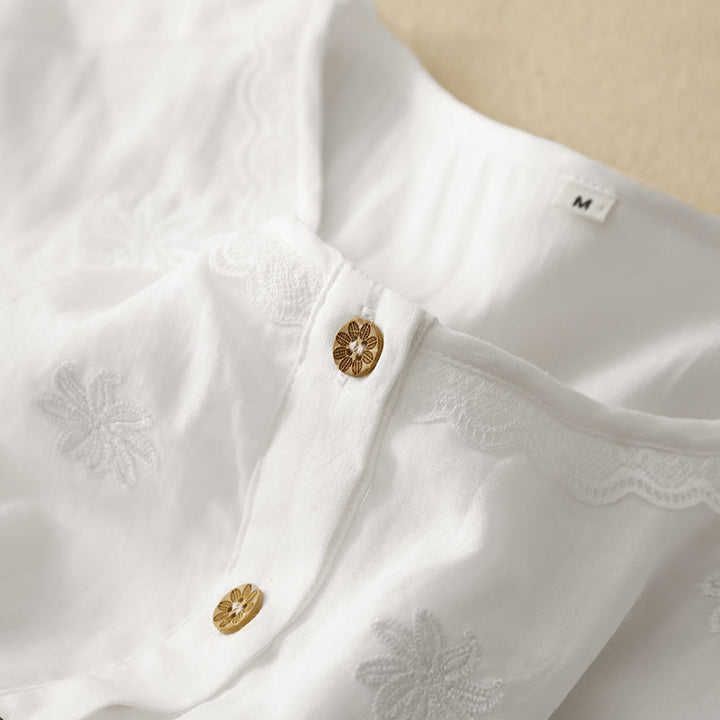 Abito midi in cotone e lino con volant, maniche corte, ricamo Buddha Stones Commute, bottoni plissettati, coulisse, design - image 4