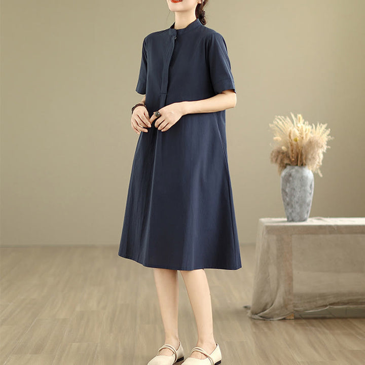 Abito midi in cotone con maniche corte e tasche, modello a quadri Buddha Stones Commute, design semplice - image 3