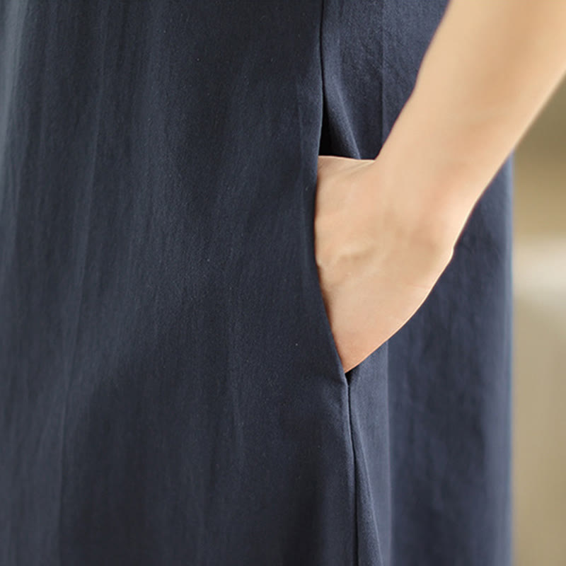 Abito midi in cotone con maniche corte e tasche, modello a quadri Buddha Stones Commute, design semplice - image 8