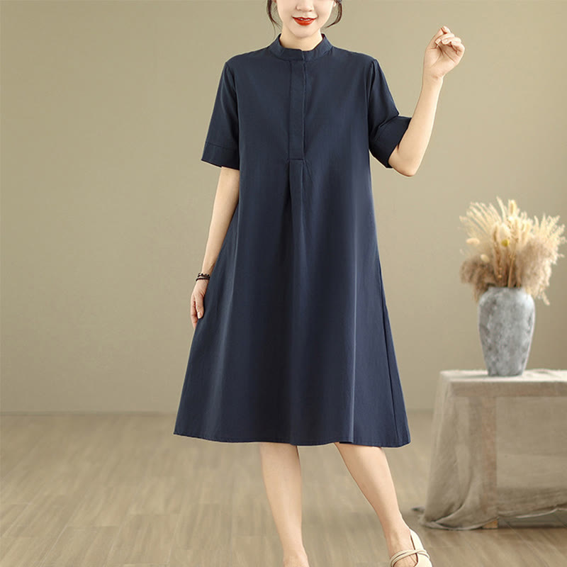 Abito midi in cotone con maniche corte e tasche, modello a quadri Buddha Stones Commute, design semplice - image 5