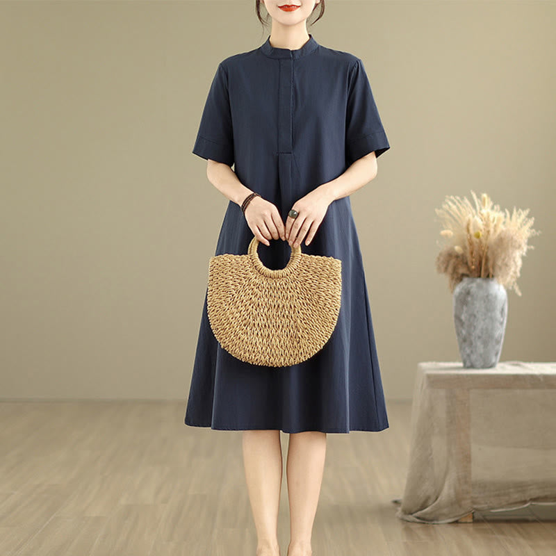 Abito midi in cotone con maniche corte e tasche, modello a quadri Buddha Stones Commute, design semplice - image 2