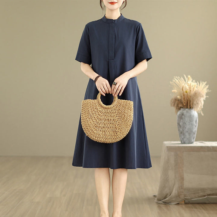Abito midi in cotone con maniche corte e tasche, modello a quadri Buddha Stones Commute, design semplice