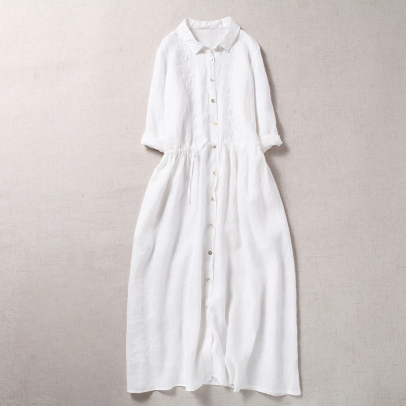 Abito midi a maniche lunghe in cotone e lino con tasche, ricamo vintage autunnale Buddha Stones, bottoni con coulisse e design - Bianco - US8-10, UK/AU12-14, EU40-42 (2XL) - image 13