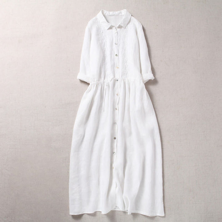 Abito midi a maniche lunghe in cotone e lino con tasche, ricamo vintage autunnale Buddha Stones, bottoni con coulisse e design - Bianco - US8-10, UK/AU12-14, EU40-42 (2XL) - image 13