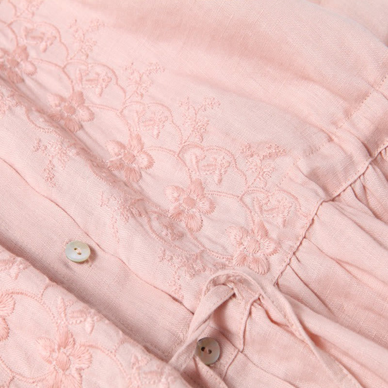 Abito midi a maniche lunghe in cotone e lino con tasche, ricamo vintage autunnale Buddha Stones, bottoni con coulisse e design - image 10