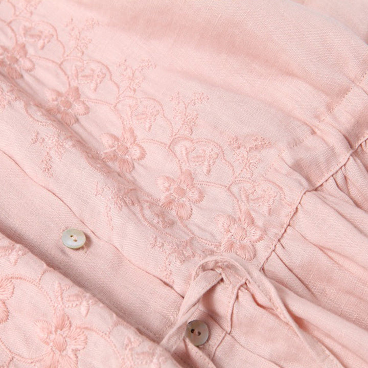 Abito midi a maniche lunghe in cotone e lino con tasche, ricamo vintage autunnale Buddha Stones, bottoni con coulisse e design - image 10