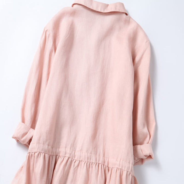 Abito midi a maniche lunghe in cotone e lino con tasche, ricamo vintage autunnale Buddha Stones, bottoni con coulisse e design - image 6