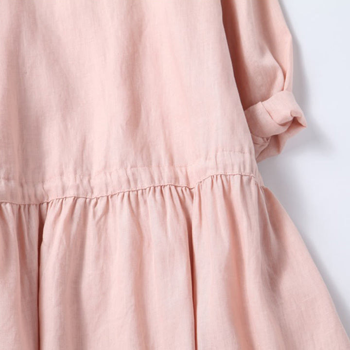 Abito midi a maniche lunghe in cotone e lino con tasche, ricamo vintage autunnale Buddha Stones, bottoni con coulisse e design - image 7