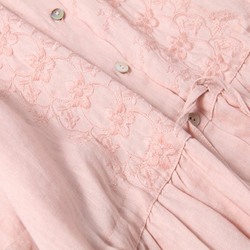 Abito midi a maniche lunghe in cotone e lino con tasche, ricamo vintage autunnale Buddha Stones, bottoni con coulisse e design - image 9