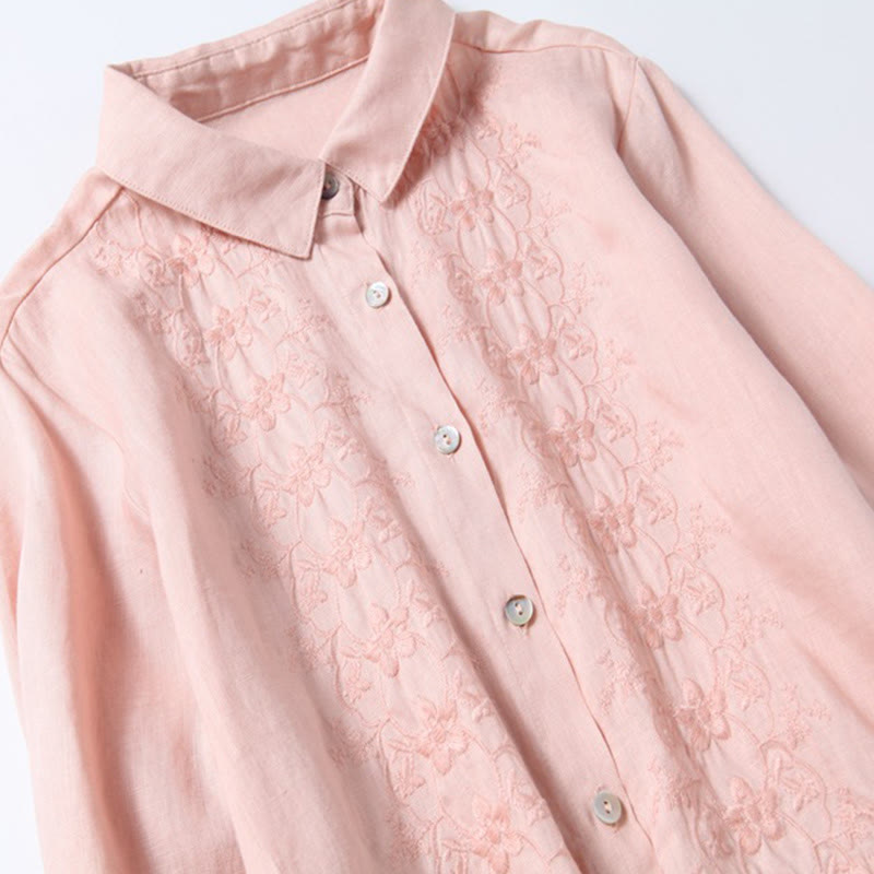 Abito midi a maniche lunghe in cotone e lino con tasche, ricamo vintage autunnale Buddha Stones, bottoni con coulisse e design - image 3