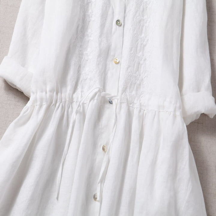 Abito midi a maniche lunghe in cotone e lino con tasche, ricamo vintage autunnale Buddha Stones, bottoni con coulisse e design - image 15