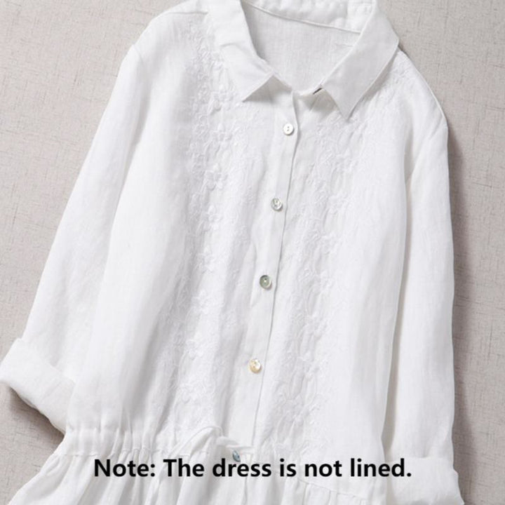 Abito midi a maniche lunghe in cotone e lino con tasche, ricamo vintage autunnale Buddha Stones, bottoni con coulisse e design - image 14