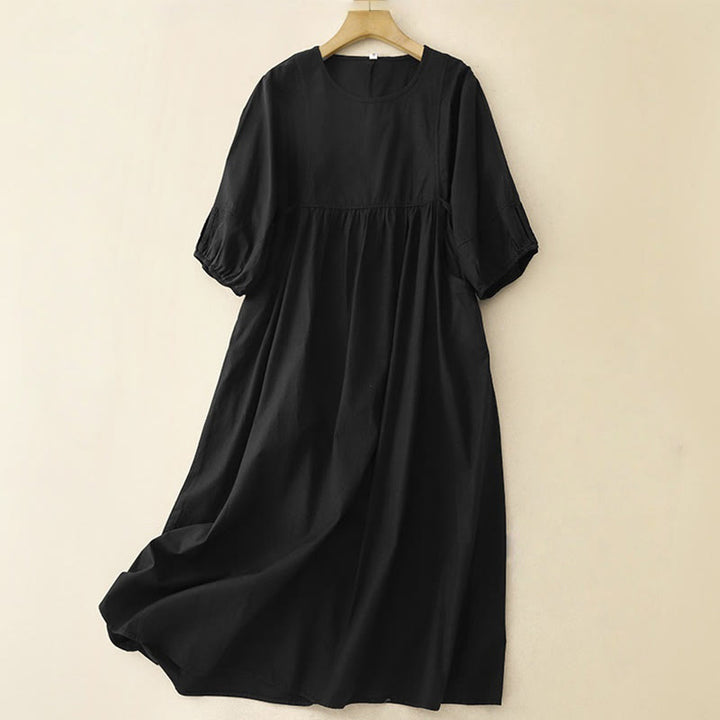 Abito midi vintage con maniche a sbuffo a tre quarti, in cotone e lino, con lacci, design semplice e tasche , Buddha Stones - Nero - US12, UK/AU16, EU44 (2XL) - image 7