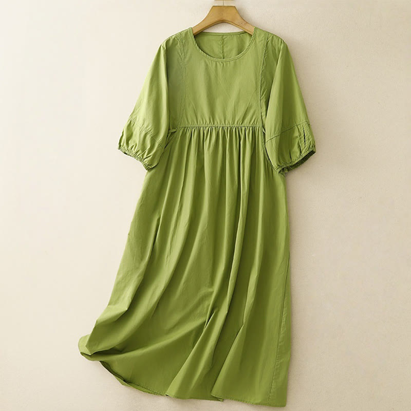 Abito midi vintage con maniche a sbuffo a tre quarti, in cotone e lino, con lacci, design semplice e tasche , Buddha Stones - GialloVerde - US12, UK/AU16, EU44 (2XL) - image 0