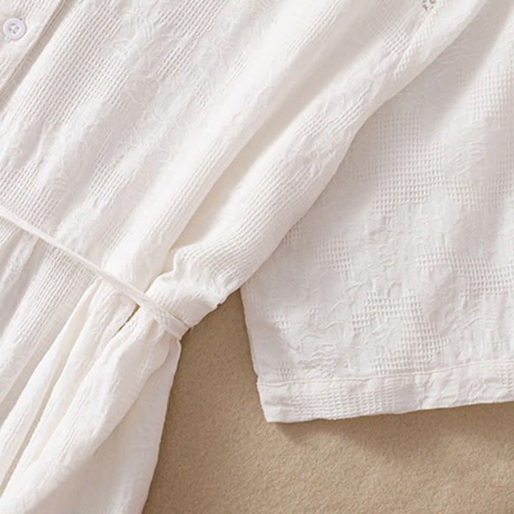 Abito midi in cotone a maniche corte con tasche, motivo jacquard cavo estivo con Buddha Stones - image 3