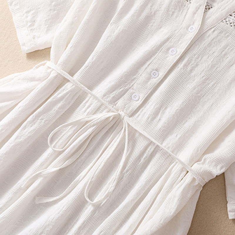 Abito midi in cotone a maniche corte con tasche, motivo jacquard cavo estivo con Buddha Stones - image 5