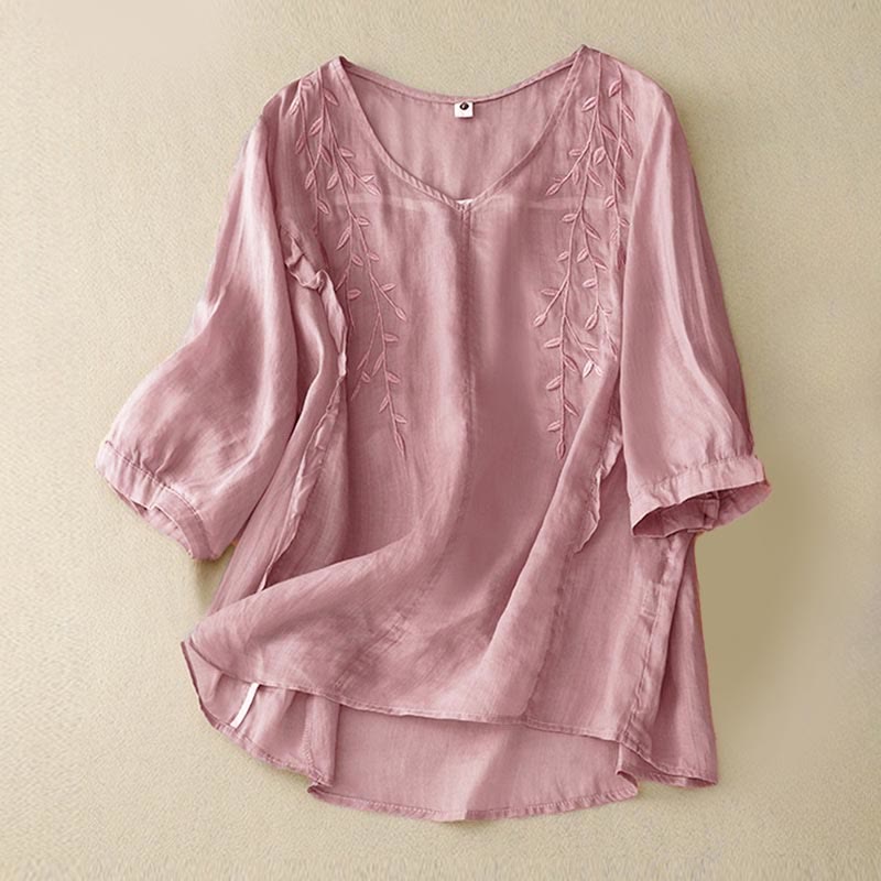 Camicia da donna con scollo a V e manica corta, motivo Buddha Stones, casual, semplice, con ricamo a foglia di salice - RosyBrown - US8-10, UK/AU12-14, EU40-42 (2XL) - image 0