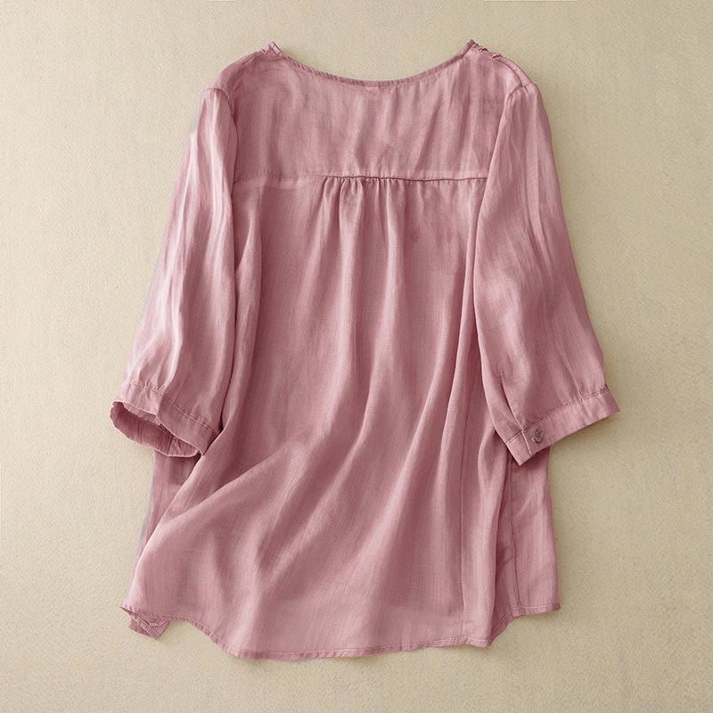 Camicia da donna con scollo a V e manica corta, motivo Buddha Stones, casual, semplice, con ricamo a foglia di salice - image 1