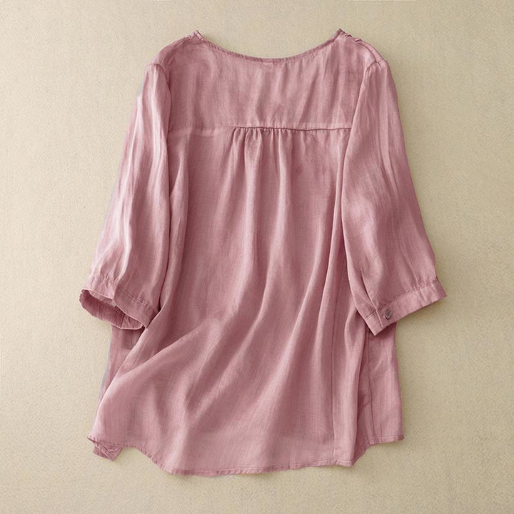 Camicia da donna con scollo a V e manica corta, motivo Buddha Stones, casual, semplice, con ricamo a foglia di salice - image 1