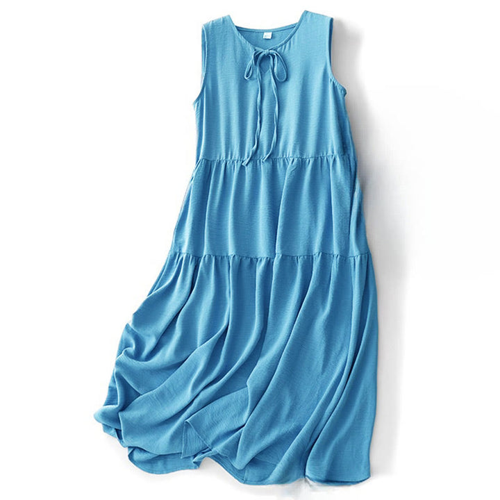 Abito midi casual in lino e cotone con lacci, fatto a mano, senza maniche, con tasche, Buddha Stones - SteelBlue - US8-10, UK/AU12-14, EU40-42 (2XL) - image 0