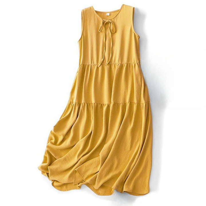 Abito midi casual in lino e cotone con lacci, fatto a mano, senza maniche, con tasche, Buddha Stones - Verga d'oro - US8-10, UK/AU12-14, EU40-42 (2XL) - image 11