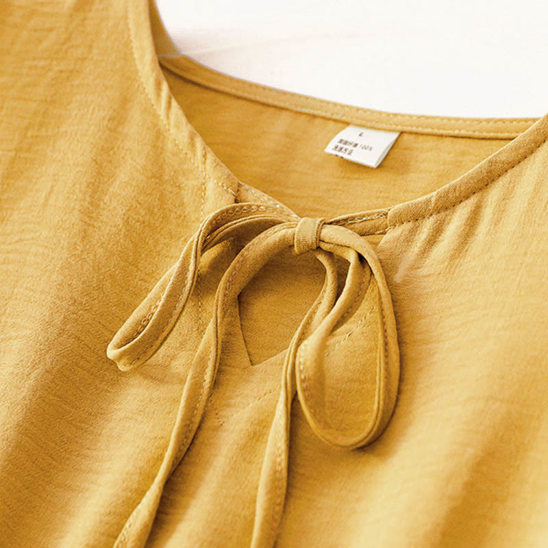 Abito midi casual in lino e cotone con lacci, fatto a mano, senza maniche, con tasche, Buddha Stones - image 12