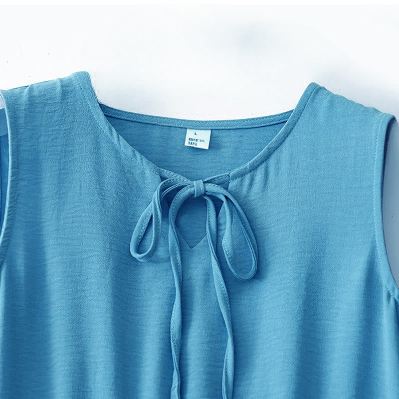 Abito midi casual in lino e cotone con lacci, fatto a mano, senza maniche, con tasche, Buddha Stones - image 9