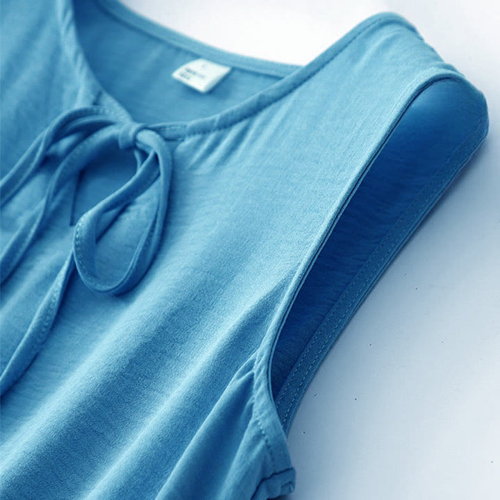 Abito midi casual in lino e cotone con lacci, fatto a mano, senza maniche, con tasche, Buddha Stones - image 7