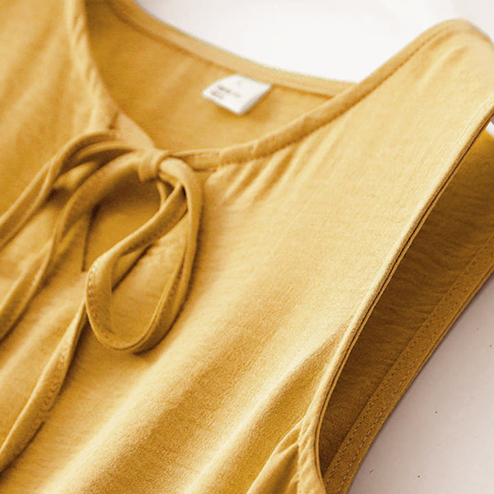 Abito midi casual in lino e cotone con lacci, fatto a mano, senza maniche, con tasche, Buddha Stones - image 16