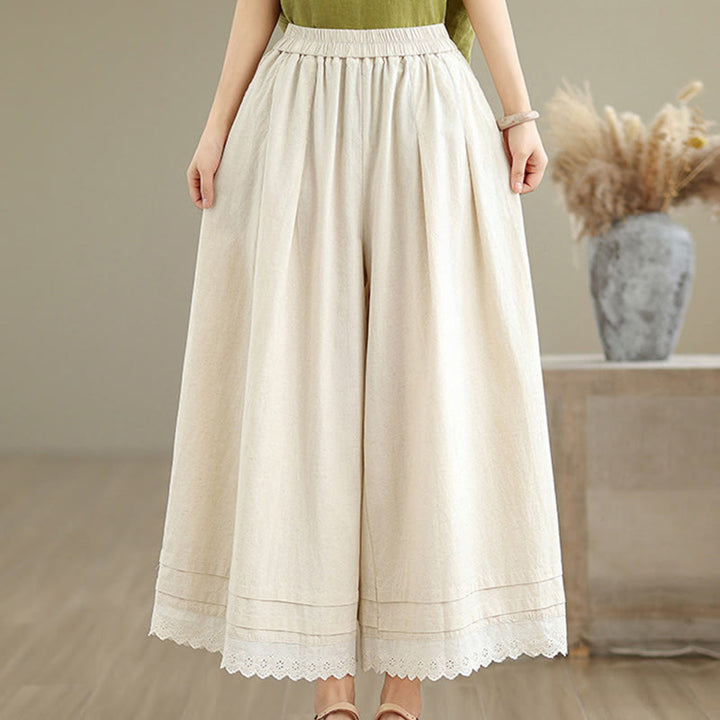 Pantaloni da donna in lino e cotone a gamba larga con tasche, modello Buddha Stones Commute, modello semplice in pizzo, lunghezza 7-8