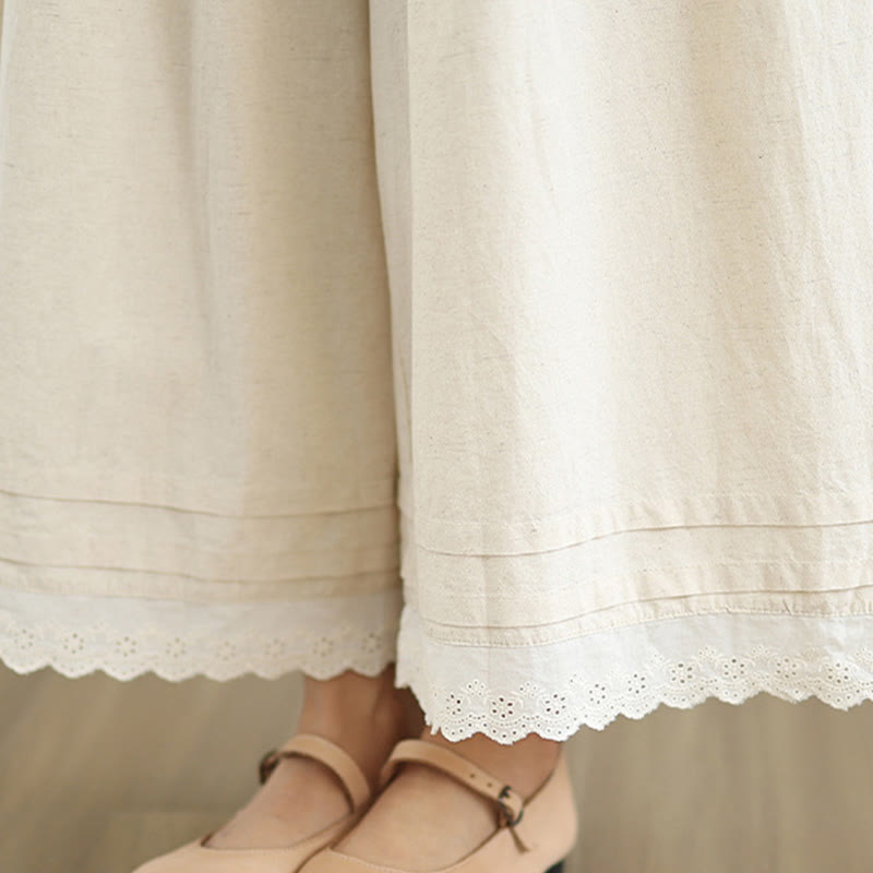 Pantaloni da donna in lino e cotone a gamba larga con tasche, modello Buddha Stones Commute, modello semplice in pizzo, lunghezza 7-8