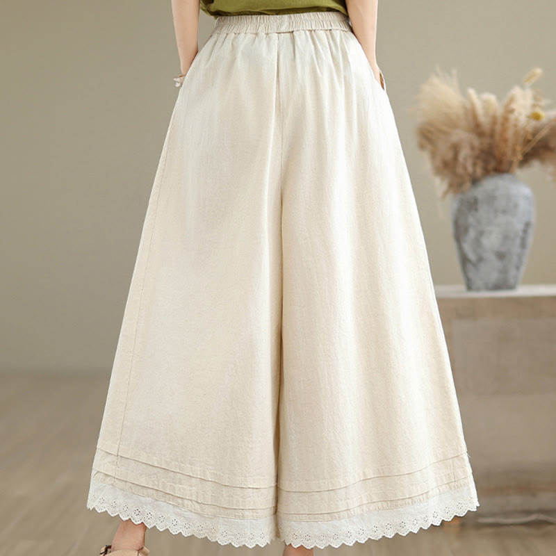 Pantaloni da donna in lino e cotone a gamba larga con tasche, modello Buddha Stones Commute, modello semplice in pizzo, lunghezza 7-8