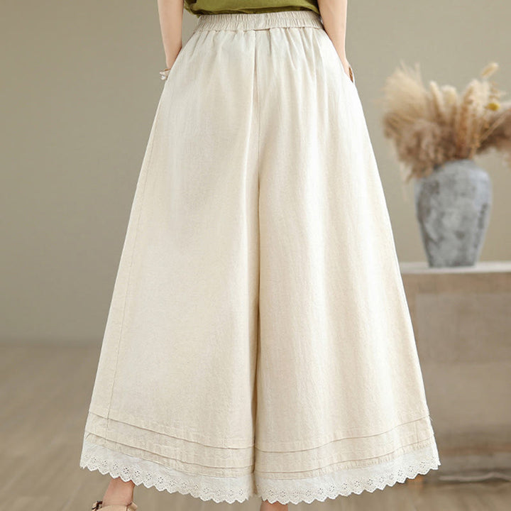 Pantaloni da donna in lino e cotone a gamba larga con tasche, modello Buddha Stones Commute, modello semplice in pizzo, lunghezza 7-8