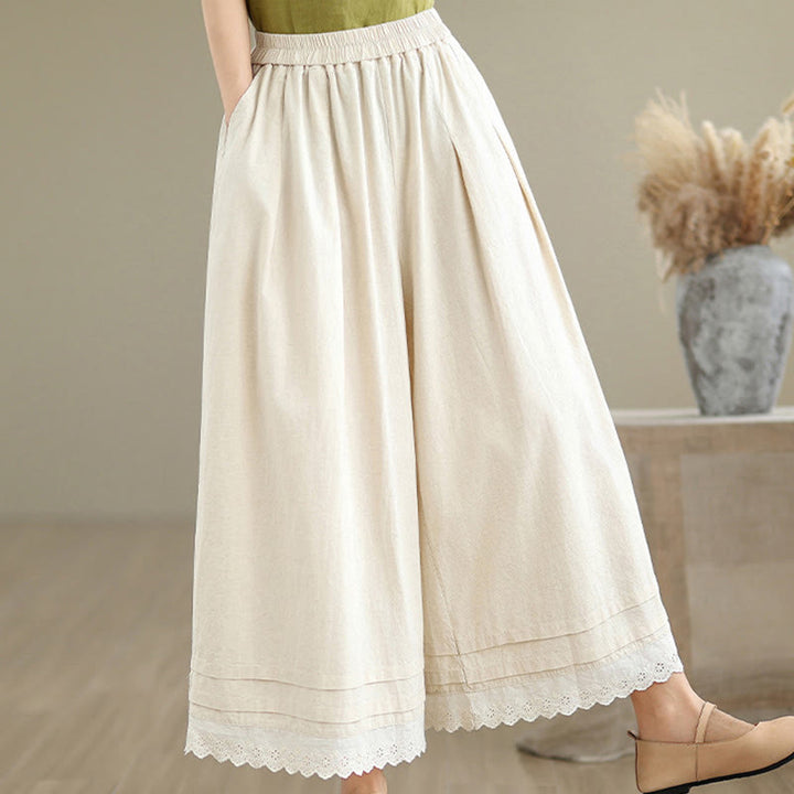 Pantaloni da donna in lino e cotone a gamba larga con tasche, modello Buddha Stones Commute, modello semplice in pizzo, lunghezza 7-8