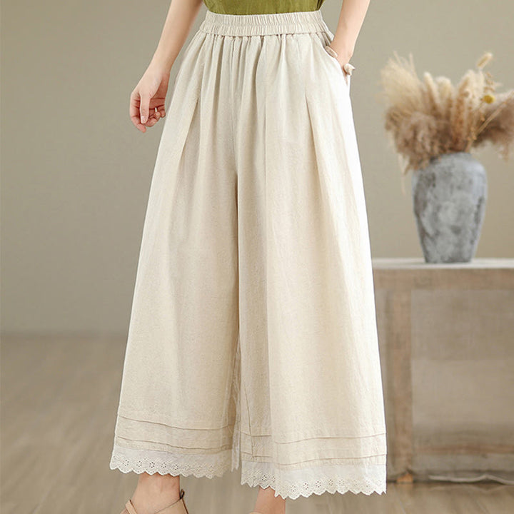 Pantaloni da donna in lino e cotone a gamba larga con tasche, modello Buddha Stones Commute, modello semplice in pizzo, lunghezza 7-8