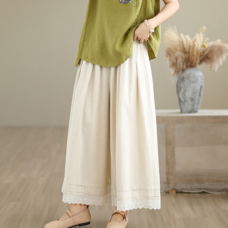 Pantaloni da donna in lino e cotone a gamba larga con tasche, modello Buddha Stones Commute, modello semplice in pizzo, lunghezza 7-8
