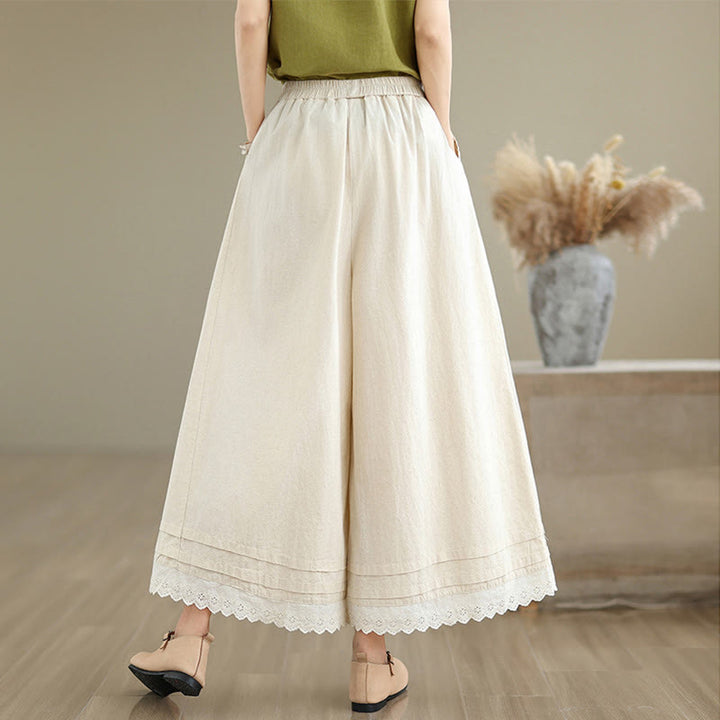 Pantaloni da donna in lino e cotone a gamba larga con tasche, modello Buddha Stones Commute, modello semplice in pizzo, lunghezza 7-8