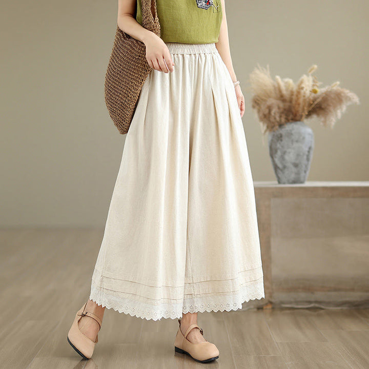 Pantaloni da donna in lino e cotone a gamba larga con tasche, modello Buddha Stones Commute, modello semplice in pizzo, lunghezza 7-8