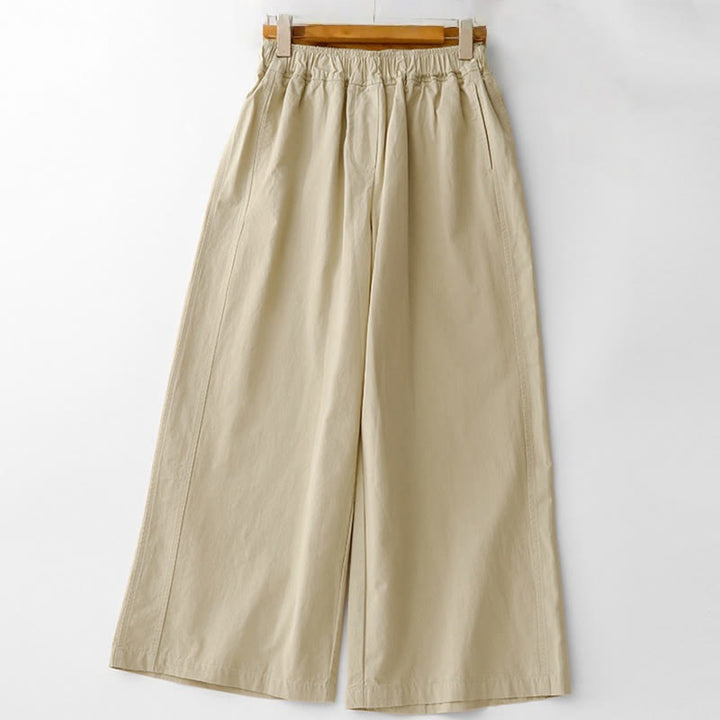 Pantaloni da donna in lino e cotone a gamba larga, con tasche, tinta unita, a vita alta, modello Buddha Stones Spring Commute