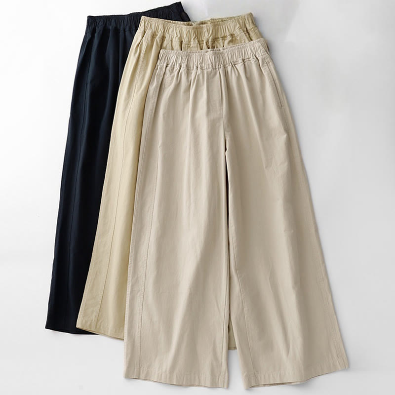 Pantaloni da donna in lino e cotone a gamba larga, con tasche, tinta unita, a vita alta, modello Buddha Stones Spring Commute